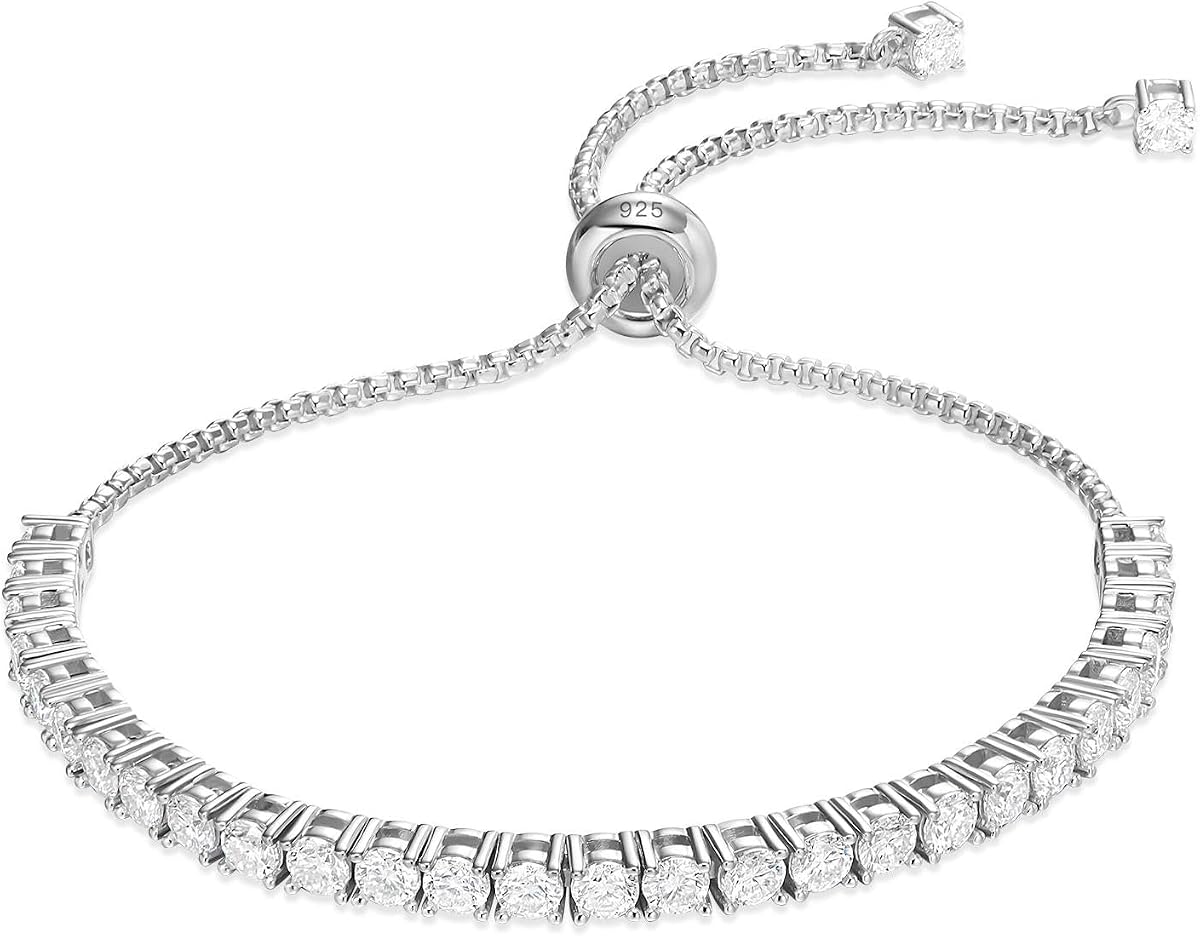 LOVE&LOVE Moissanit Tennisarmband Damen, 925 Silber 18K vergoldet oder rhodiniert, 3/4 mm, D-Farbe VVS1 Rundschliff, verstellbar mit Gleitverschluss, GRA-zertifiziert – Perfektes Schmuck Geschenk