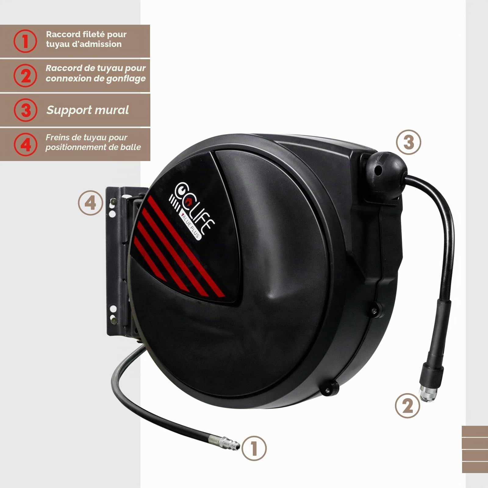 CCLIFE Enrouleur de Tuyau d'Air Comprimé 20m 1/4" Raccord Rapide Dévidoir de tuyau automatique max 15 bar