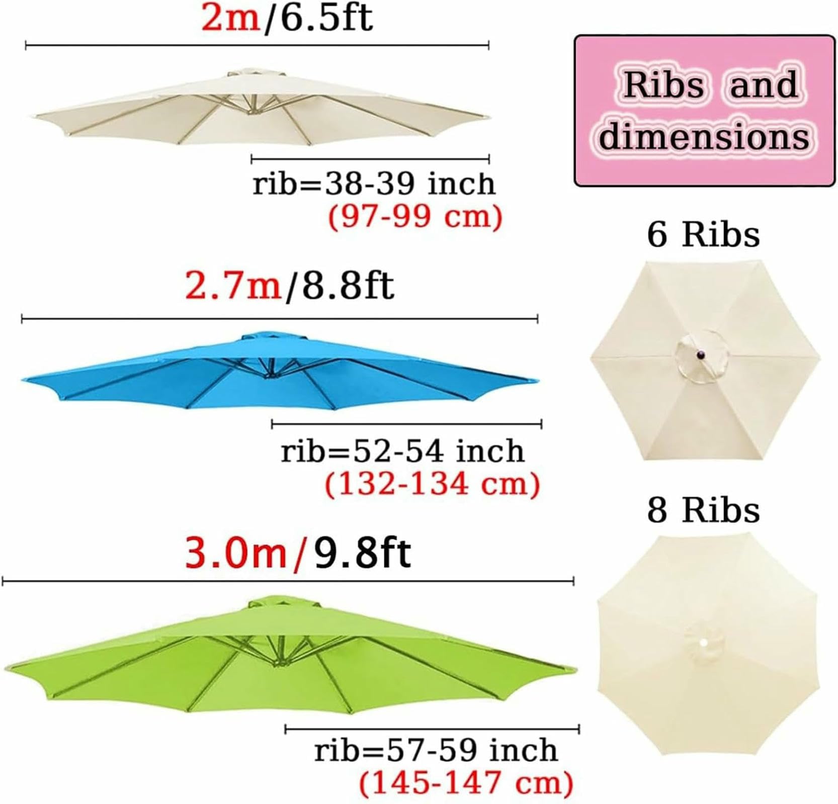 Zapasowa tkanina na parasol, 300/270/200CM 6 ramion/8 ramion wymienny pokrowiec na parasol, do standardowych i wspornikowych parasoli(Burgundy,6 ribs-3m(9.8ft))