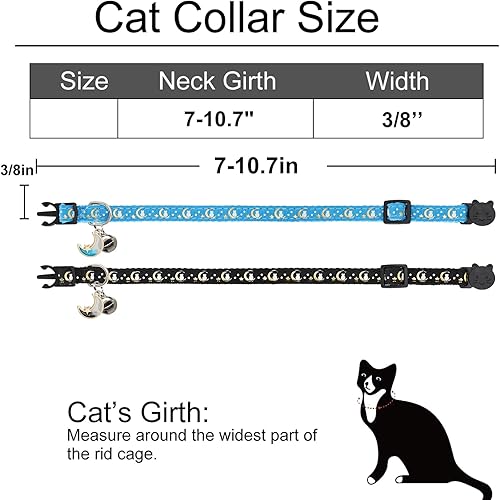 Miniatura 4 de Giecooh Paquete de 2 collares de gato con campanas, collares de seguridad ajustables con luna y estrella para niños y niñas, negro + azul