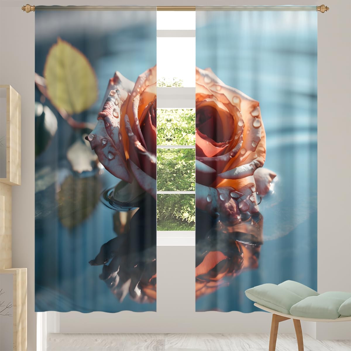 TropicalLife Red Rose Flower Semi Transparent Sheer Curtains - Slot Top Voile Curtain Panel for Living Room & Bedroom Window Treatments(55 "Wide x 84" Drop 2 Panels)