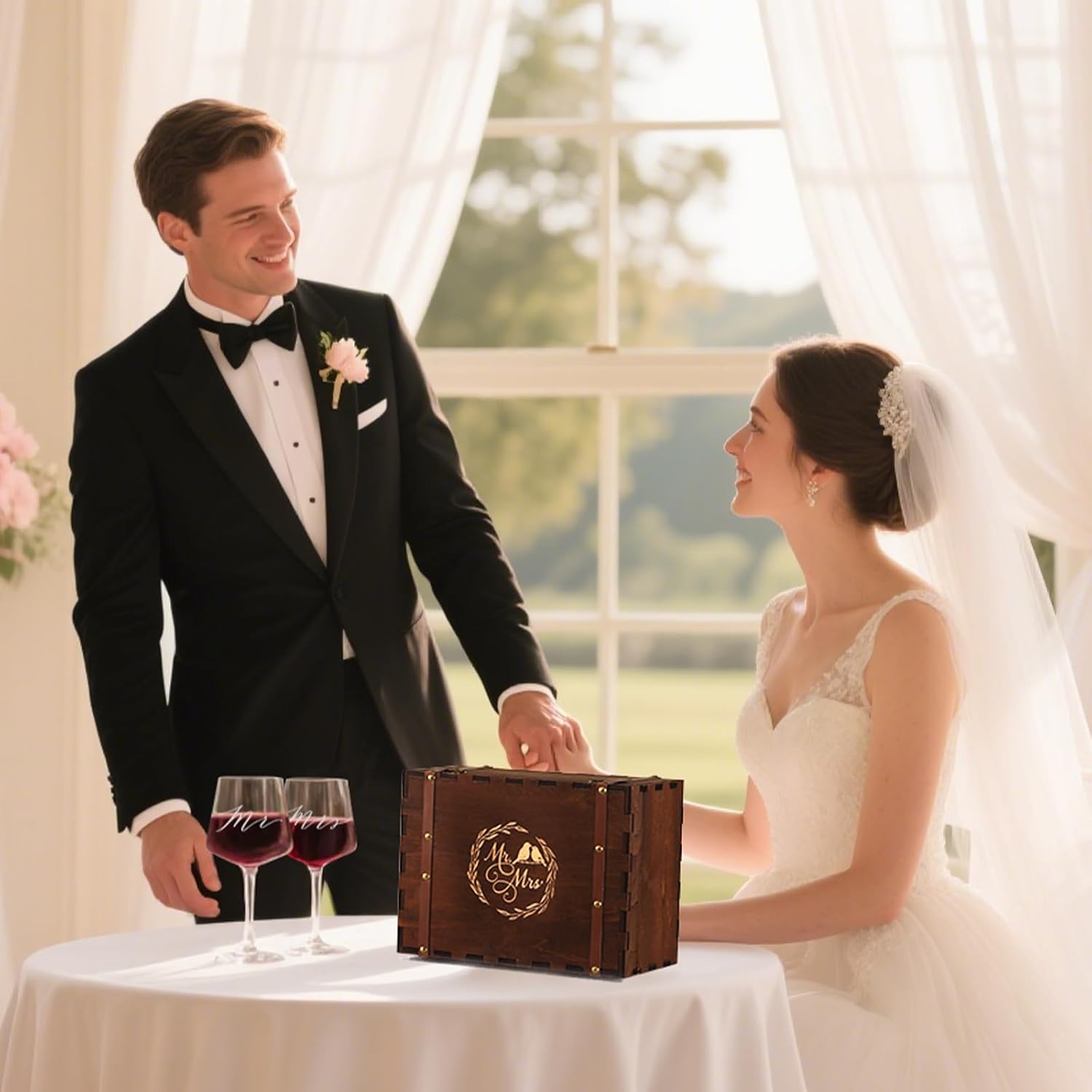 Mr & Mrs Wine Glasses Gift Set with VINTAGE Memory Box – Engagement, Wedding & Newlywed Gifts for Couples, Just Engaged Gifts for Women, Valentine's Day Gift for Couple - Image 6