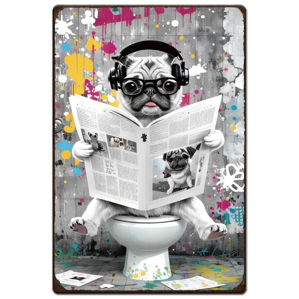SUPERDANT Dog Reading a Newspaper Metal Signs Scrawl Tin Sign Vintage Tin Signs Abstract Wall Art Funny Retro Decor for Restroom Toilet Bar Club Man Cave 30x20cm