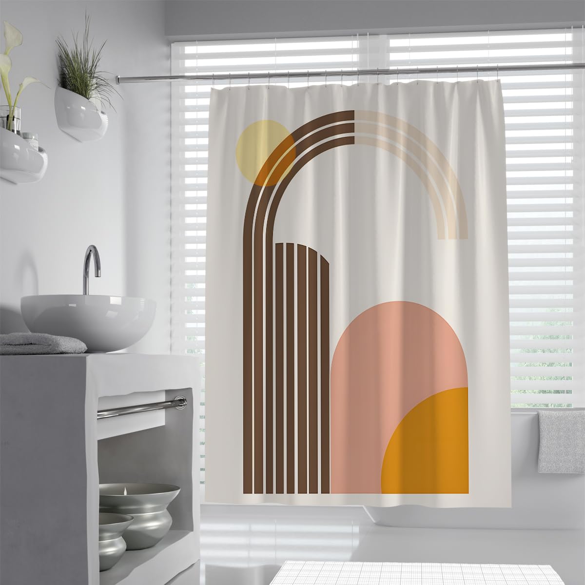 UIRINGART Brown Yellow Boho Geometric Sun Shower Curtains W160xL200cm Abstract Minimalist Anti Mould Waterproof Walk In Shower Bath Decoration With Hook