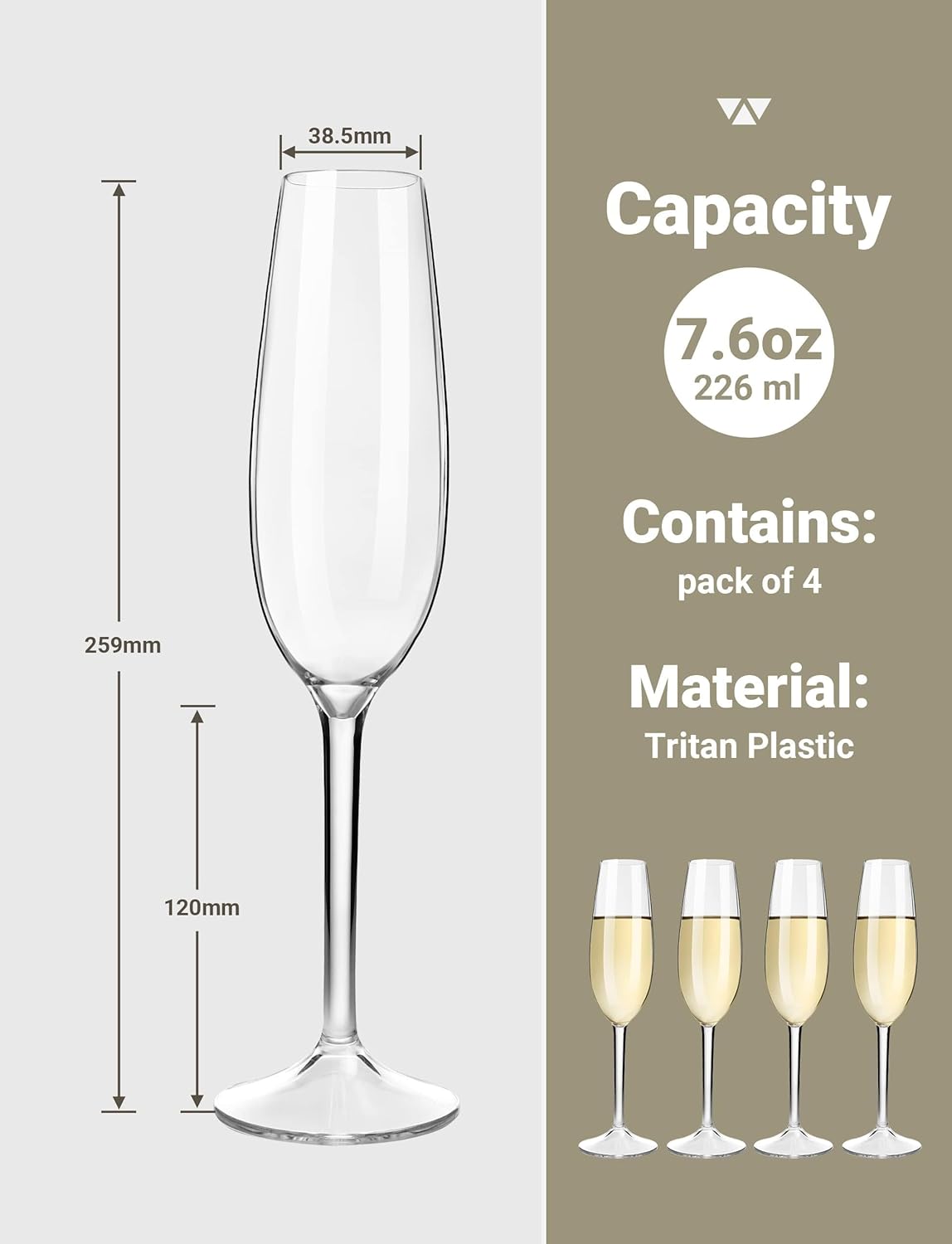MICHLEY Champagne Flutes Set of 4, 7.6 oz Stemmed Champagne Glasses, Unbreakable Tritan Plastic Wine Glassware Wedding Gifts