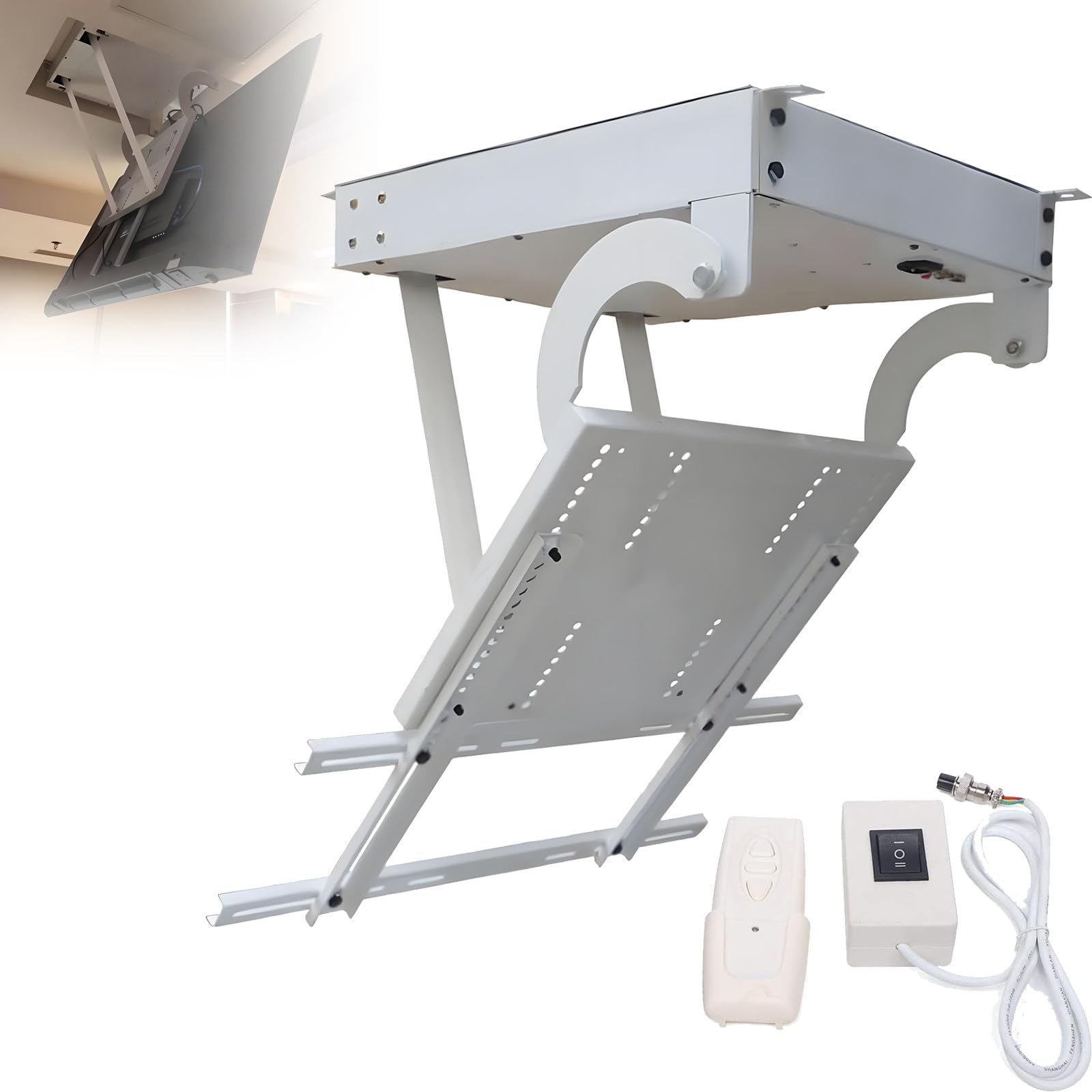 Motorisierte, herunterklappbare TV-Deckenhalterung, robuste Unterstützung bis zu 59,9 kg, passend für 81,3–213,4 cm (32-84 Zoll) Bildschirme, Fernbedienung, für flache und geneigte Decken