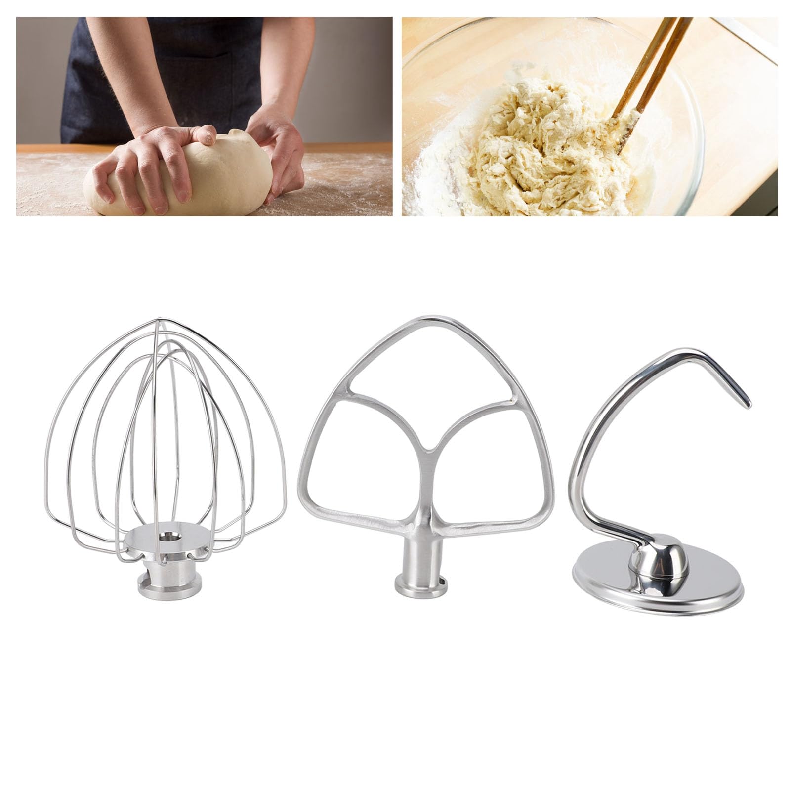 3-teiliges Standmixer-Aufsatz-Set, Edelstahl-Peitsche, Rührbesen, Teighaken für Küche, Backzubehör