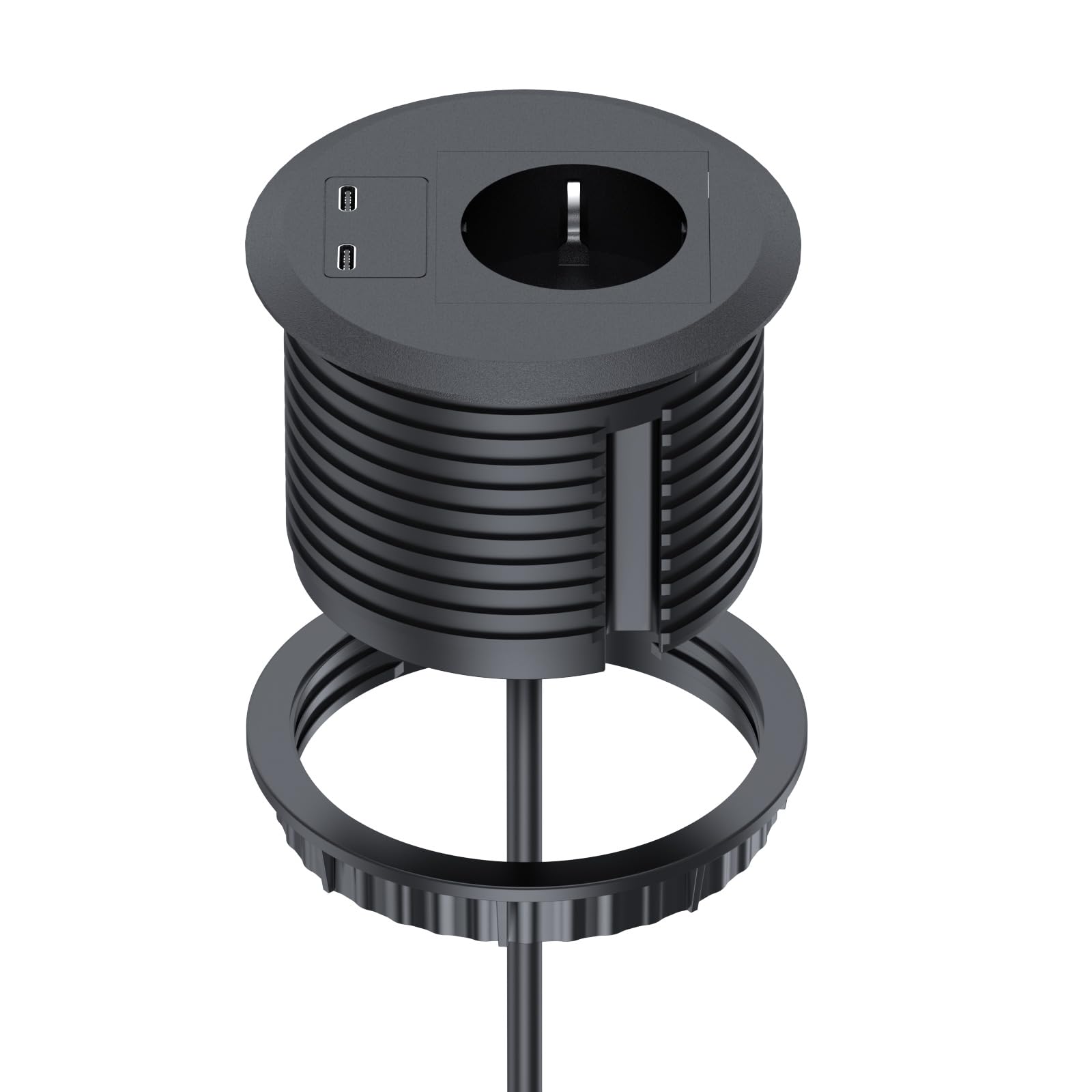 Dinolink Einbausteckdose Ø 80mm für Schreibtisch und Tischplatte | 1 Schuko-Steckdose, 2 USB-C-Anschlüssen und 2 m Kabel, ideal für Schreibtisch, Tischplatte, Büro und Werkstatt.