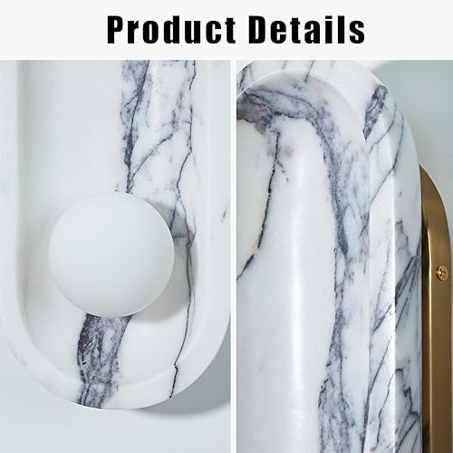 Miniatura 3 de Sculptural White Marble Wall Sconce with Opal Glass Globe - Mid-Century Inspired Wall Light for Bedroom, Hallway, Living Room, Elegant Brass Finish,