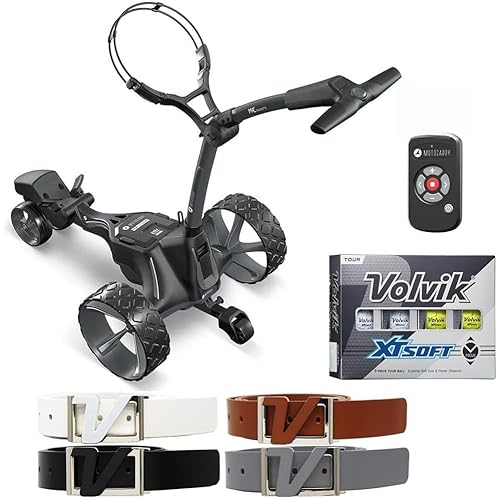 Motocaddy ME Remote Electric Golf Caddy, USB Charging, Remote/Handle Control with Essential Accessory Pack Bundle with 1 Dozen Volvik XT Soft (Mix Color) and Volvik Leather Belts