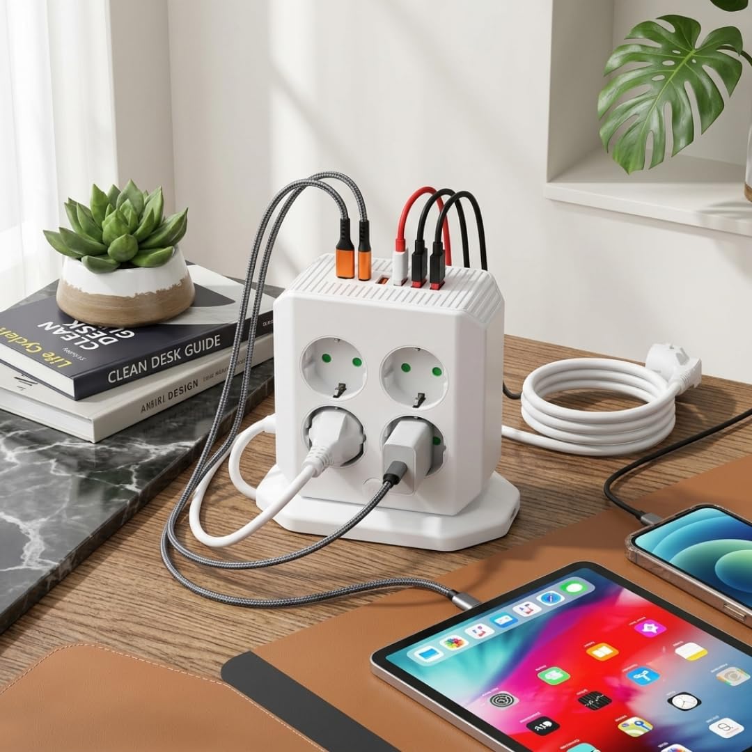 Jouis Dik Priz Kulesi Vertical Smart Power Socket - Akım Korumalı, 2500W Çoklu Priz Çoklayıcı, 8 EU Priz Girişi ve 4 USB ve 2 Type-C Portlu, 2M Kablo, Aşırı Yük Korumalı Grup Priz