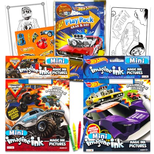 Monster Jam and Hot Wheels Magic Ink - Set di libri da colorare per bambini, con 2 libri da colorare Imagine Ink con penne a inchiostro invisibile, Hot Wheels Play Pack e gancio per porta