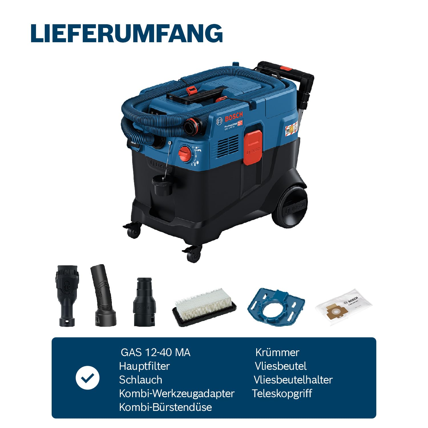 Bosch Professional Allessauger Gas 12-40 MA (1200 W, automatische Filterreinigung (AFC), inkl. Hauptfilter, Schlauch, Kombi-Werkzeugadapter, Kombi-Bürstendüse)