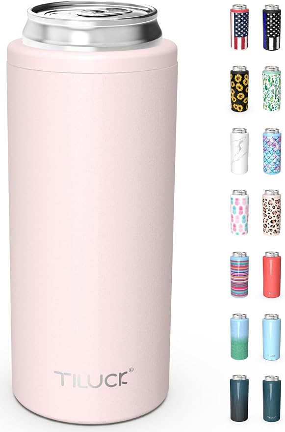 TILUCK Skinny Can Cooler for Slim Beer & Hard Seltzer, Stainless Steel, Doucle-Walled Stainless Steel Insulated Slim Cans, Standard 12 oz (Frosted Pink)