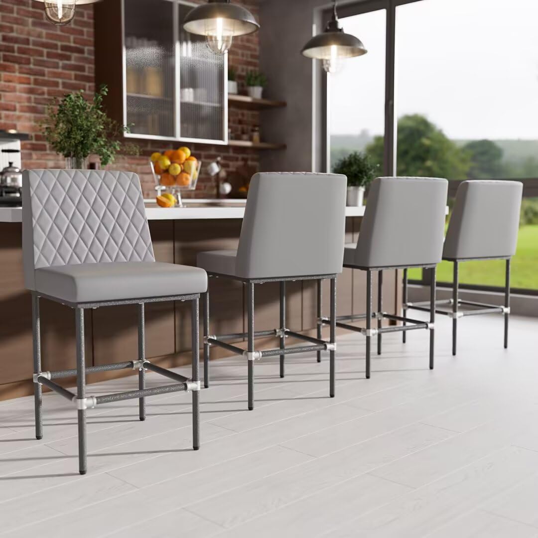 HomeZeer Industrial Counter Height Bar Stools Set of 4, 26 Inch Leather Bar Stools for Kitchen Island with Back, Upholstered Seat and Painted Metal