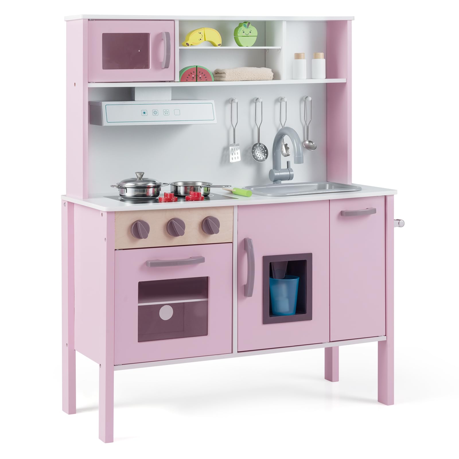 GYMAX Kids Play Kitchen, Children Toy Kitchen with Stoves, Microwave, Range Hood, Wash Machine, Oven, Cookware Utensils & Sounds, Wooden Cooking Role Playset for Girls Boys (Light Pink)
