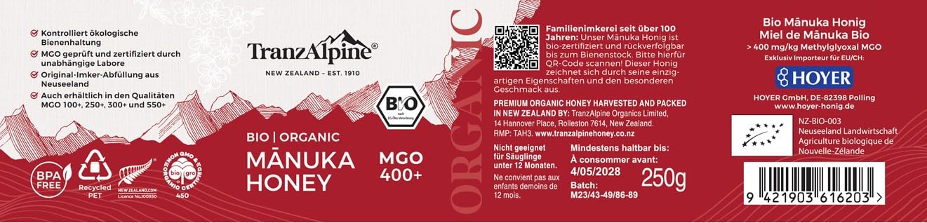 TranzAlpine Manuka Honig BIO-zertifiziert 250g - MGO 400+ | 100 % reiner Premiumhonig aus Neuseeland - Laborgeprüft & Original-Imkerabfüllung