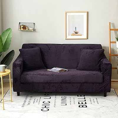 Ultra Soft Velvety Armchair Sofa Slip Cover, Solid Color Spandex Elastic Loveseat Furniture Protection Couch Wrap, Non Slip Dustproof Loveseat Covers for Living Room Dark Purple 57