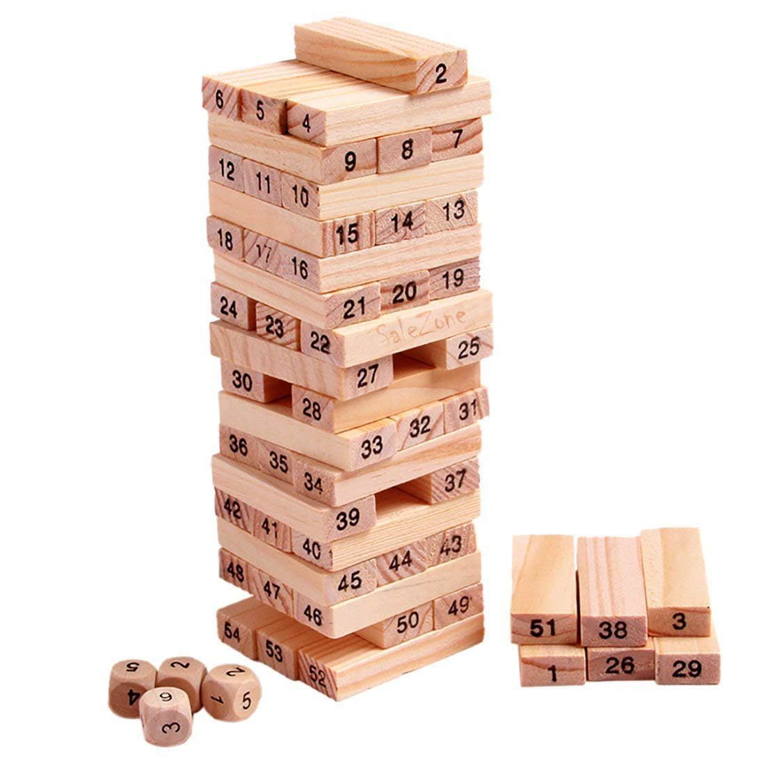 SALEZONE® Wooden Building Blocks Puzzle Game 54 Pcs Challenging 4pcs Dice Wooden Blocks Stacking Game Maths,Tumbling Tower 54 Pcs with 4 Dices Game for Adults & Kids.-image-27