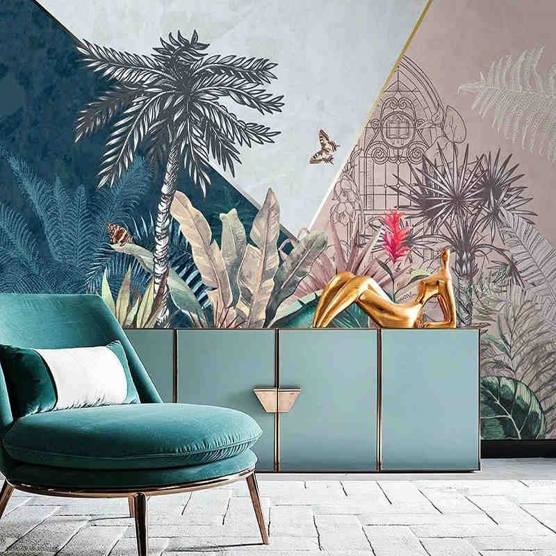 Nórdico pintado a mano plantas tropicales 3D geométrico selva tropical palmera Mural sala De estar TV Fondo Papel De pared Papel De pared