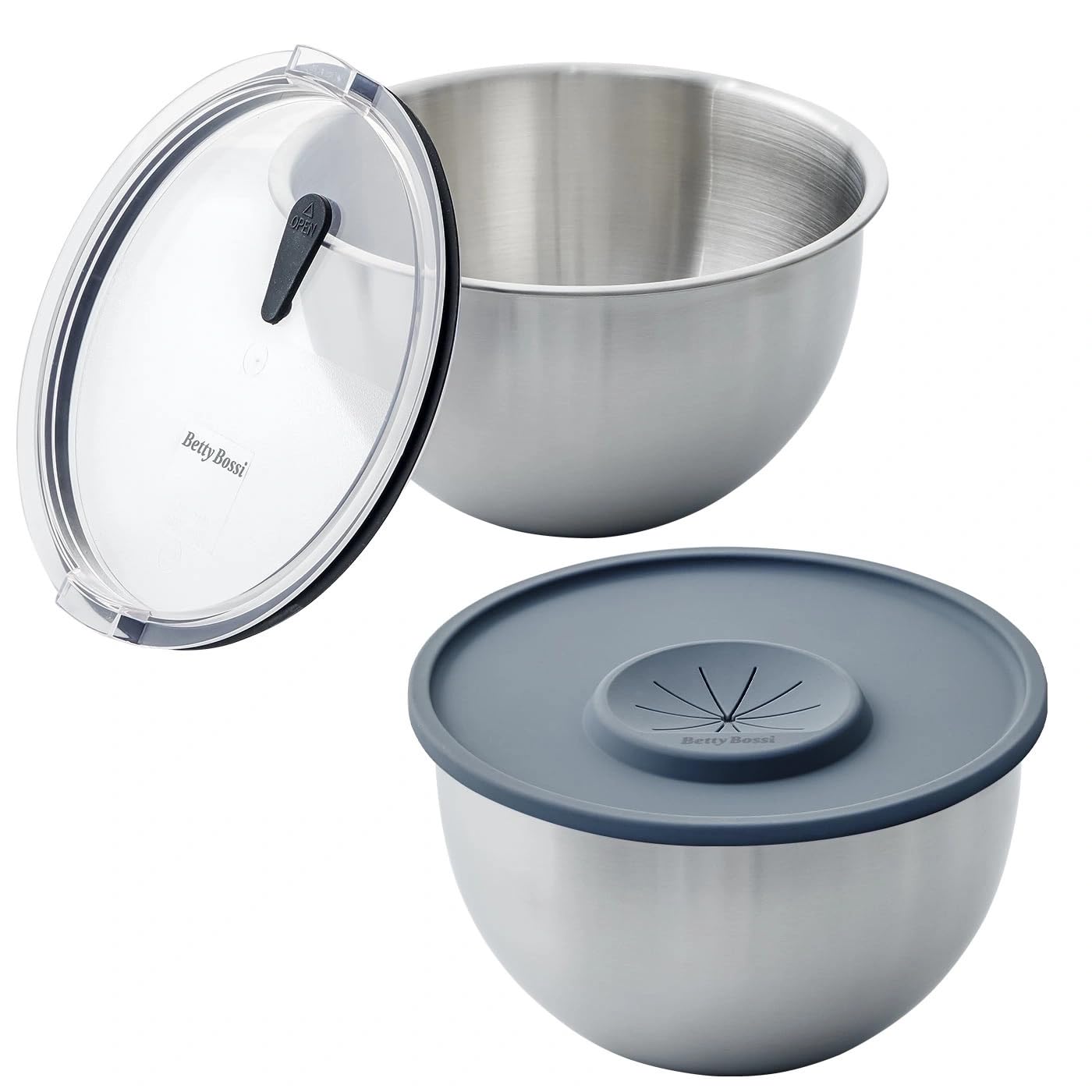 Betty Bossi - Edelstahlschüssel mit Deckel und Spritzschutz - 2er-Set - Edelstahl Silikonmatte Deckel für sicheren Transport - Schüsselduo mit vielen Talenten