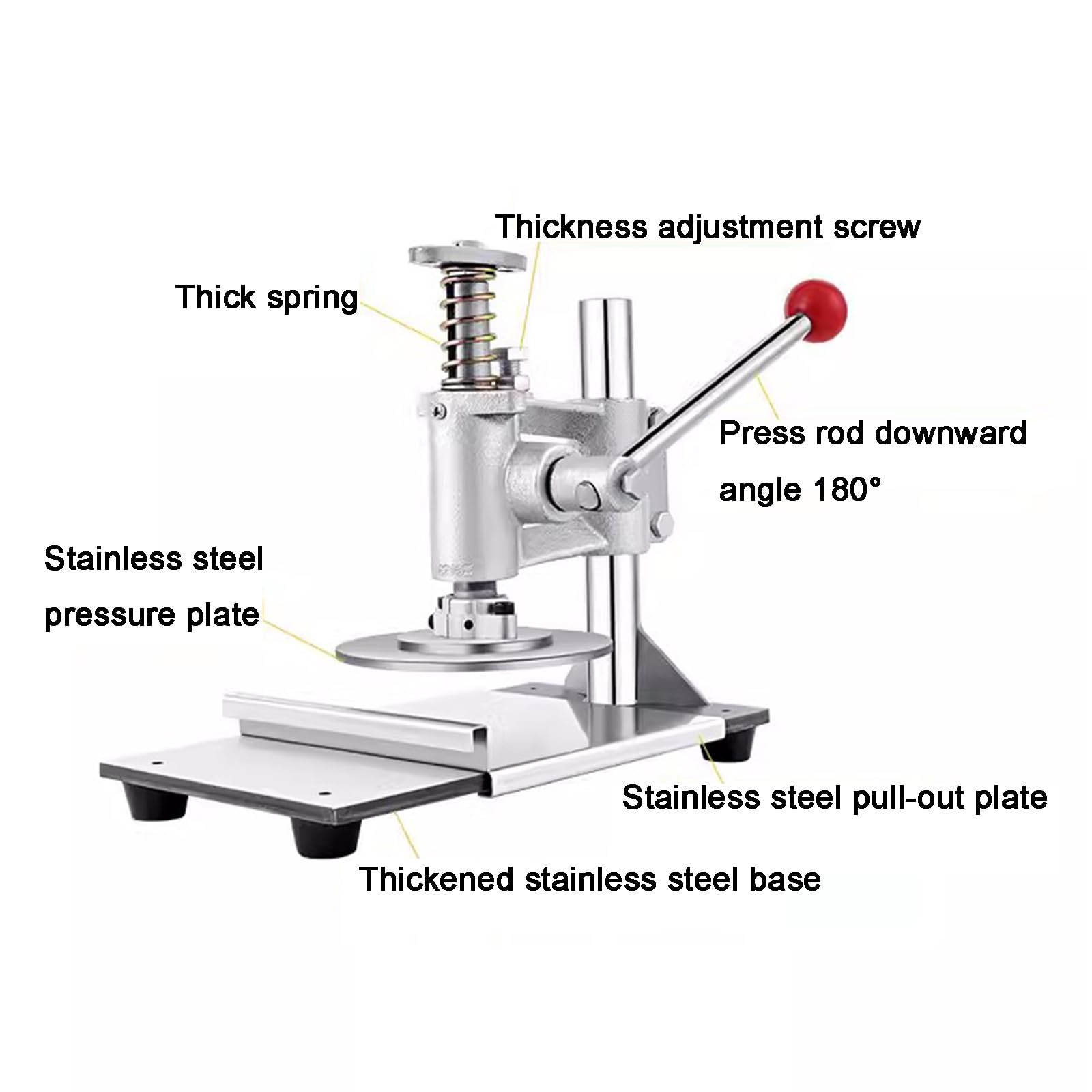 Aplanadora De Masa Comercial De Acero Inoxidable, Prensa Manual Para Masa, Con Placa Redonda De 16 Cm, Bandeja Extraíble, Grosor Ajustable, Para Pizza, Tortillas, Masas Para Tartas Y Pasteles.