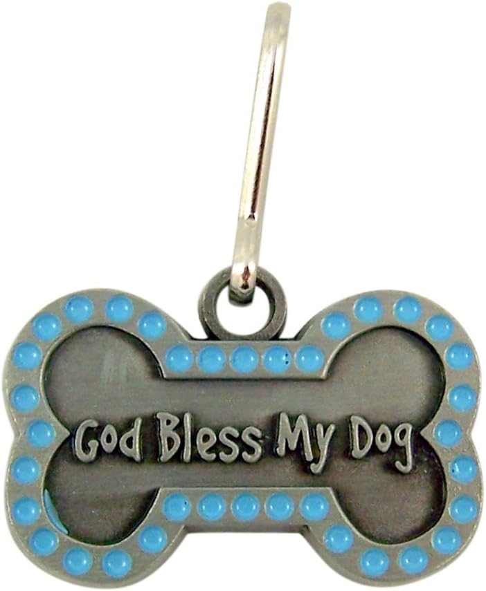 God Bless My Dog Brushed Pewter and Blue Enamel Bone Shaped Pet Medal, 1 1/4 Inch