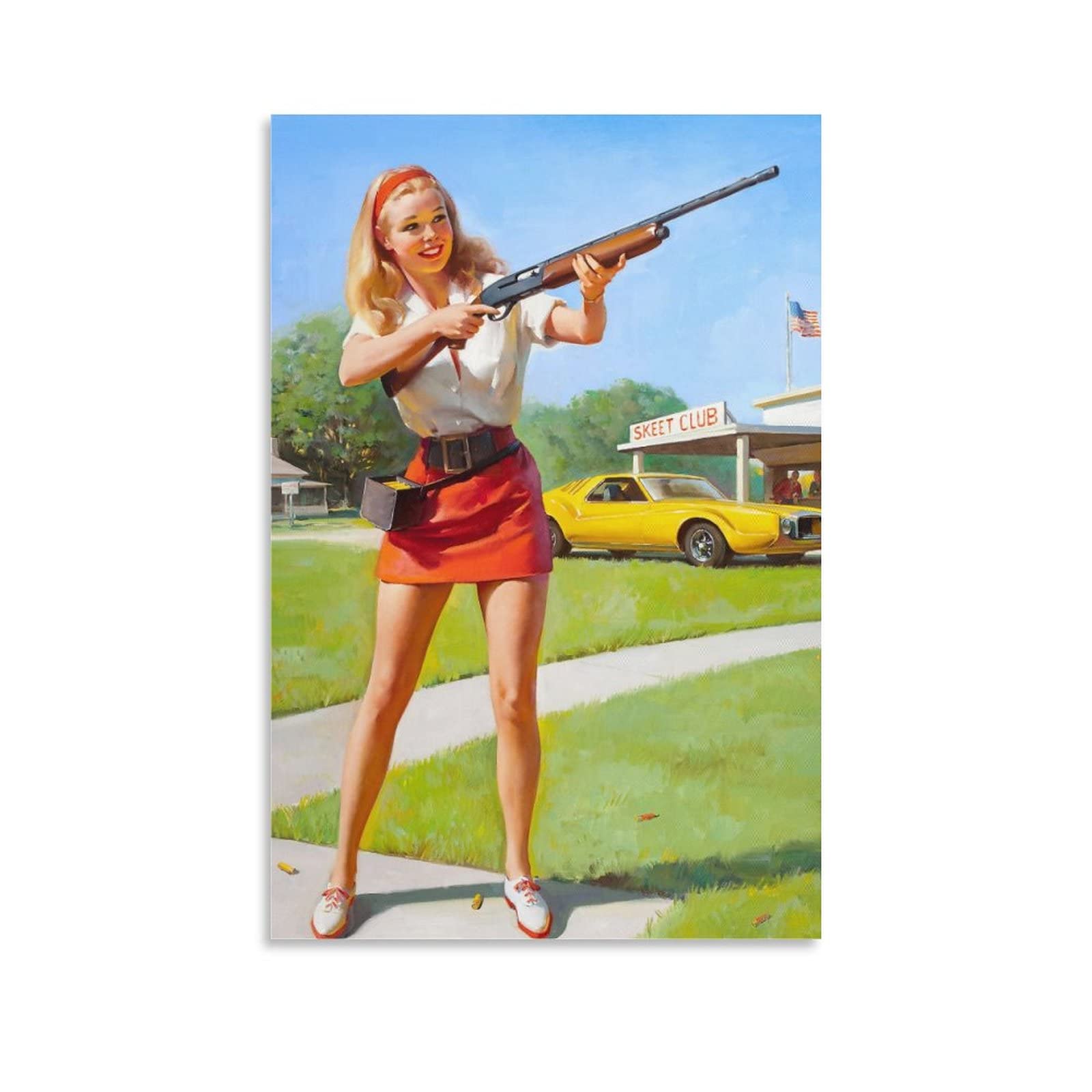 Gil Elvgren 70S Vintage Art Posters Girls Calendar Fun Illustration Aesthetic Skeet Club Shooting Wall Art Paintings Canvas Wall Decor Home Decor Living Room Decor Aesthetic 16x24inch(40x60cm) Unfra