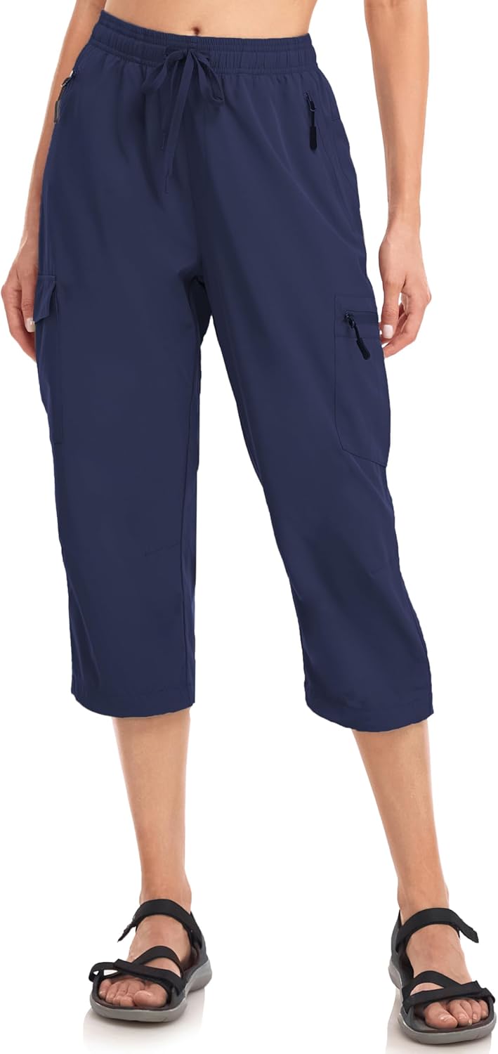 Women's Hiking Capris Pants Dri Fit UPF50+ Outdoor Camping Travel Capri Elastic Waist Drawcord Active Joggers Capris