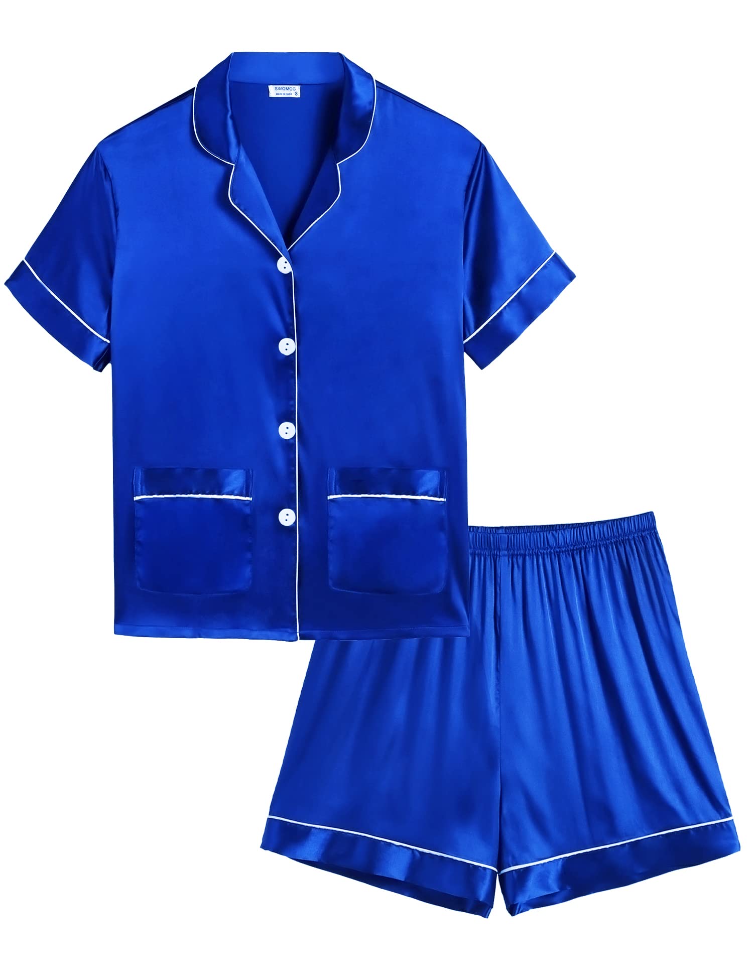 SWOMOGSatin Kid Pajamas for Girls Silk Pjs Set with 2 Pockets Boys Sleepwear Button-up Lounge Sets Short Sleeve Nightwear