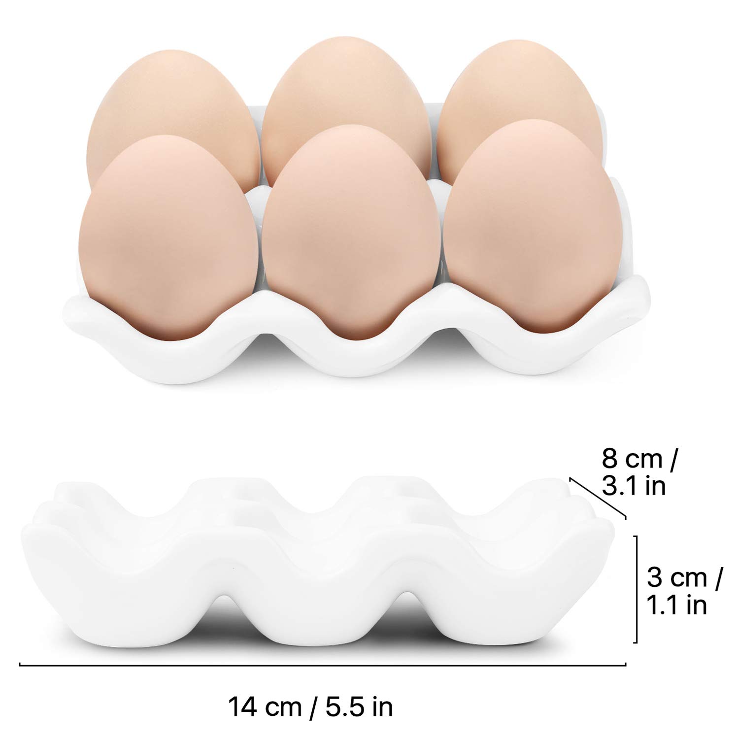 Flexzion Caja de huevos de porcelana, bandeja de cerámica de 6 capacidades, soporte de media docena, plato decorativo blanco y organizador de almacenamiento, paquete de 2