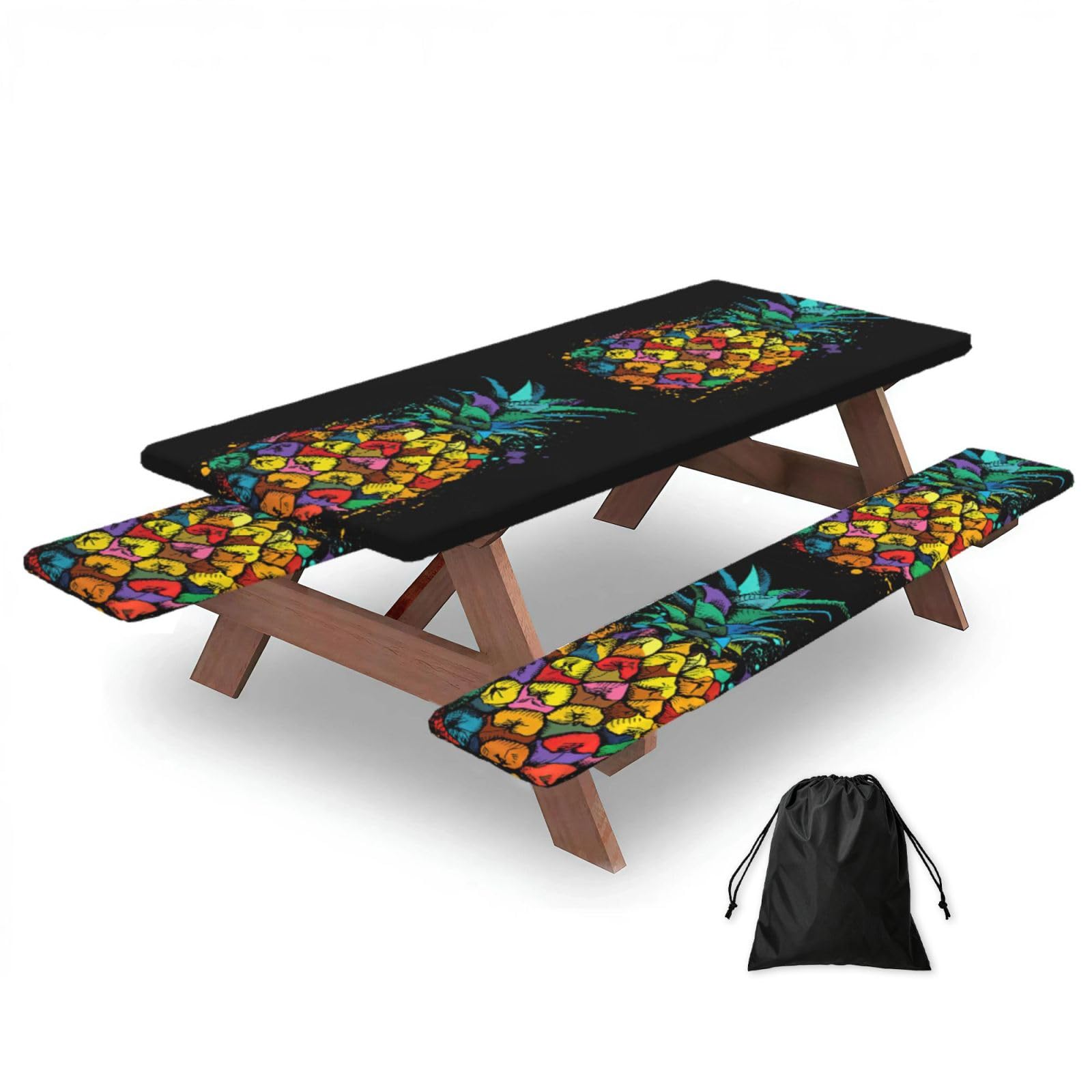 Yqxwjl Black Colorful Pineapple Print Camping Essentials Waterproof Camping Table And Bench Cover With Drawstring Bag 183 Cm