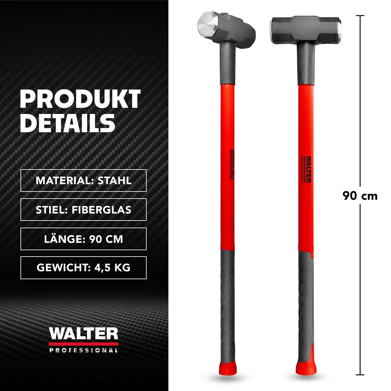 WALTER PROFESSIONAL Vorschlaghammer 4,5 kg 90 cm, Abbruchhammer, Sledge Hammer, vibrationsdämpfender Fiberglas-Griff für bequeme Handhabung und präzise Steuerung, robust und langlebig