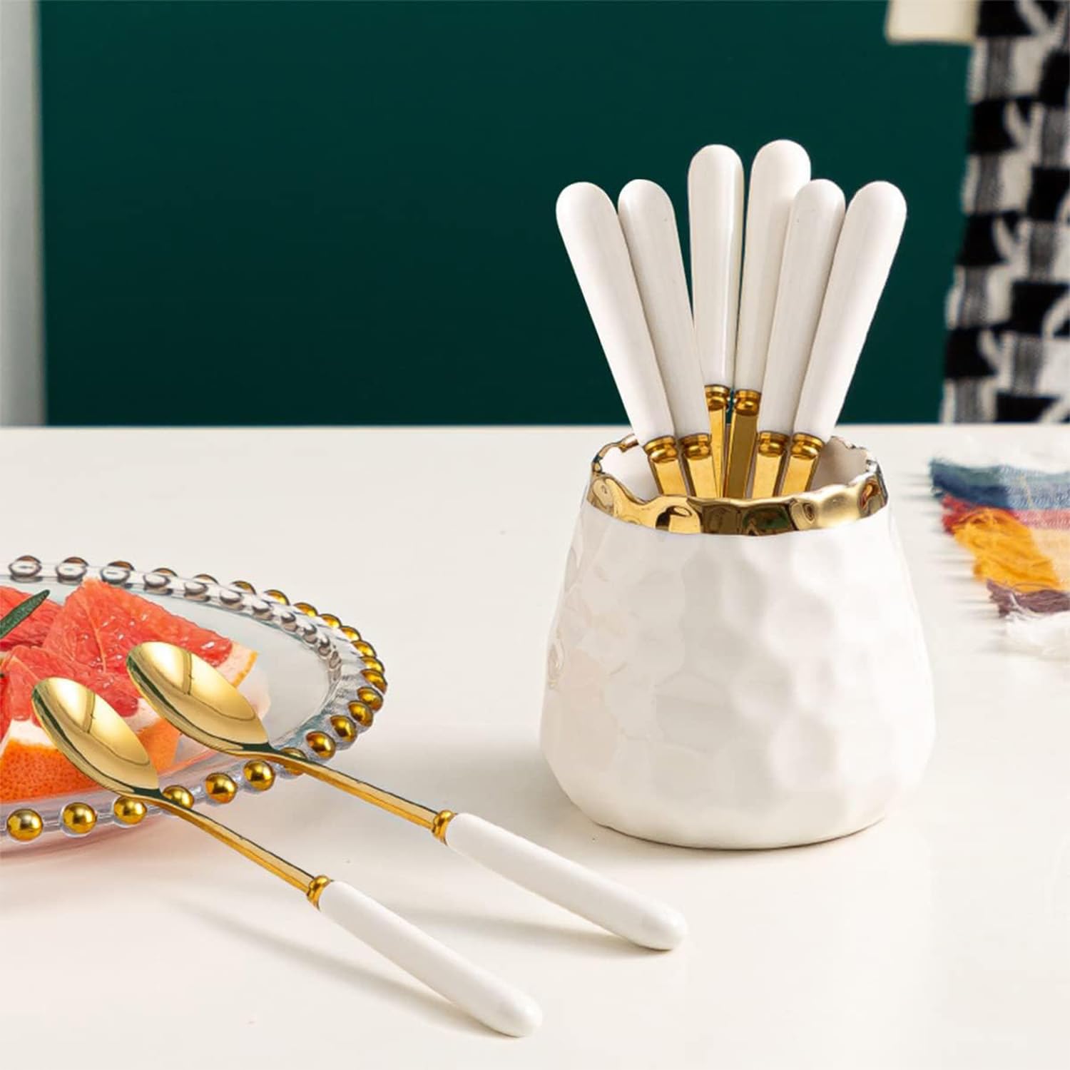 Juego de 9 cucharas de café, tarro de cerámica con 8 cucharas pequeñas, cuchara de café, té, pastel, cuchara de helado, cucharas de mango de cerámica