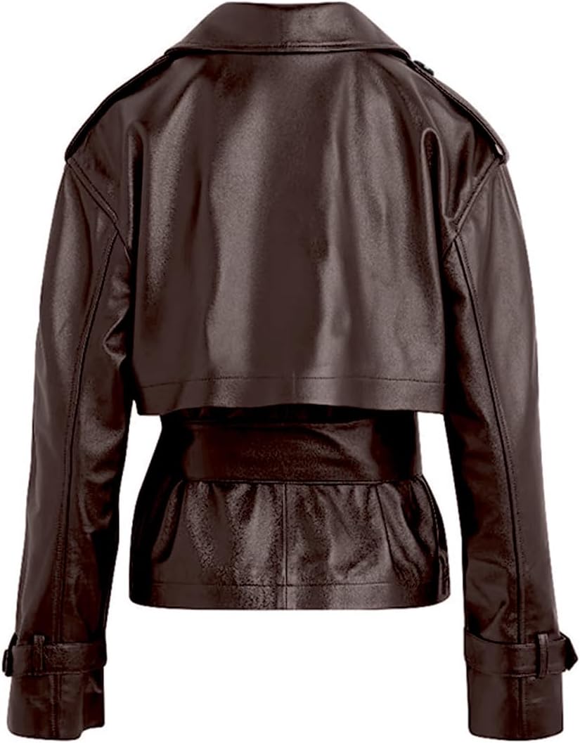 chouyatou Women's Fall Belted Faux Leather Jacket Modo Business Casual Faux Leather Short Trench Coat - Image 6