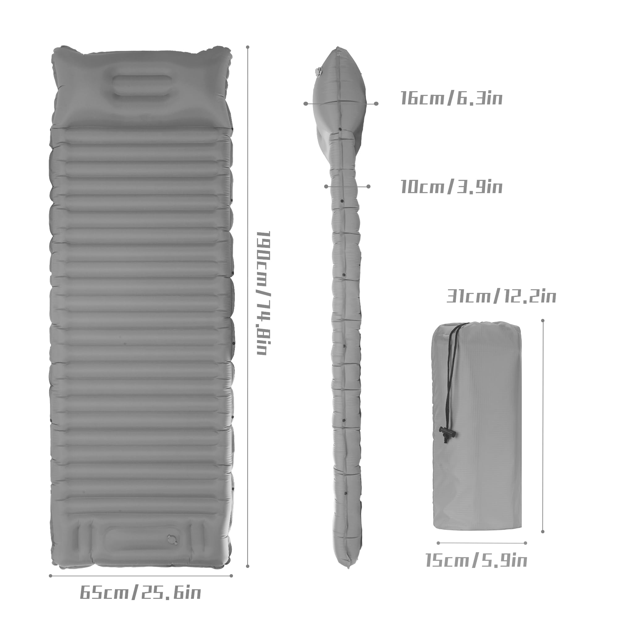Chasyatzi 40D Self-Inflating Camping Pad, Insulated Ultralight Sleeping Mat for Backpacking, Winter Camping, 2-Layer Anti-Leak Design w/Built-in Pillow, Foot Pump Foldable Pad, Grey