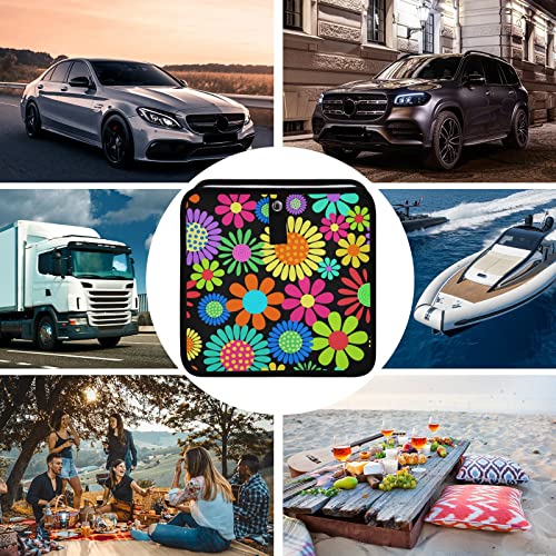 Image of Hippie Flower Car Trash Can Foldable Hanging Car Trash Bag Bin Floral Daisy Colorful Auto Garbage Can Leak-Proof Car Organizer(Large)