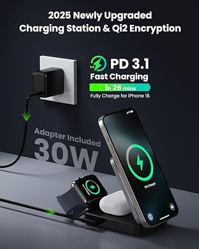 Miniatura 4 de Estación de carga inalámbrica 3 en 1 para iPhone, certificado Qi2 de 15 W, carga rápida, plegable, soporte de cargador magnético con adaptador USB C