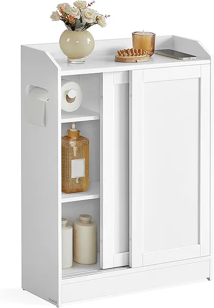 VASAGLE Bathroom Cabinet, Slim Bathroom Storage Cabinet, Toilet Paper Holder and Brush Compartment, Sliding Doors, Adjustable Shelves, Next to Toilet, 7.9 x 23.6 x 31.5 Inches, Cloud White U