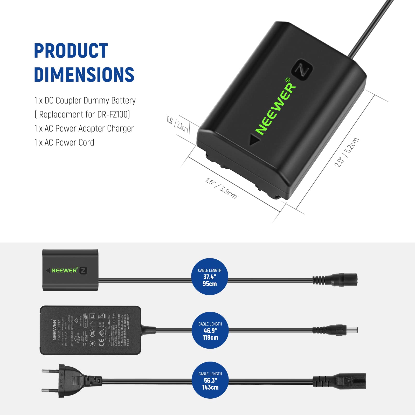 NEEWER NP-FZ100 Adaptateur d'alimentation AC et Coupleur DC Kit Chargeur de Batterie Factice Compatible avec Sony A9II, A6600, A9, A7R IV, A7S III, A7RIII, A7 III