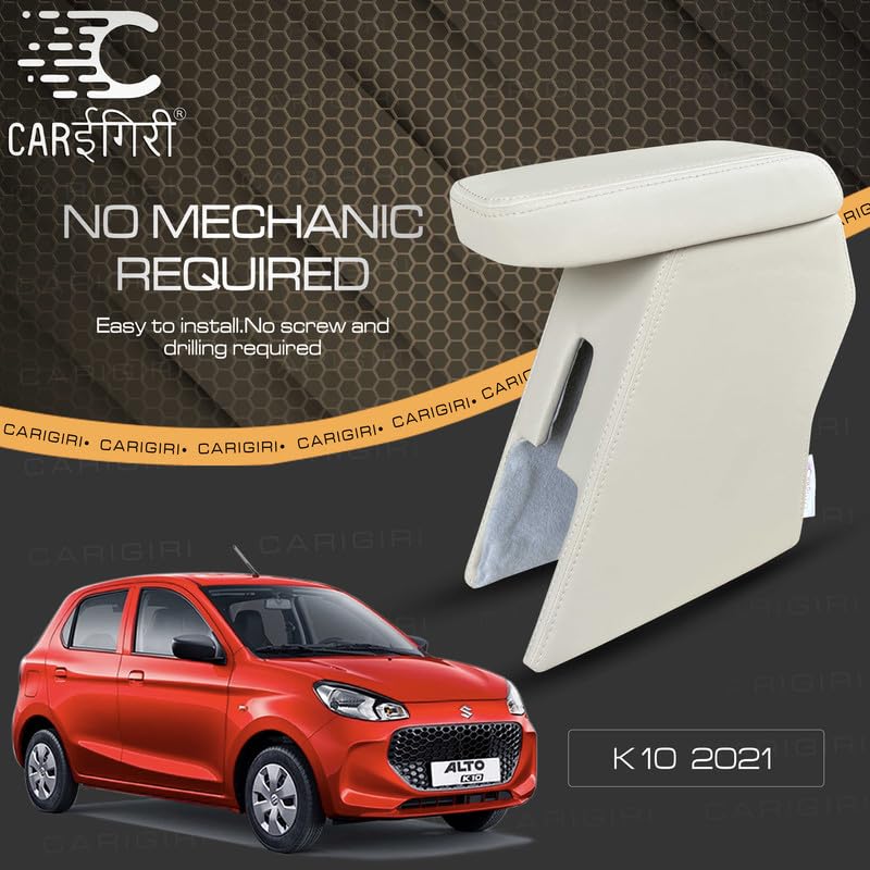 Image of Carigiri Premium Finish Car Armrest with Storage Box And High Density Moulded Foam For Alto K10 (Models-2021-2025) (Beige with Beige Seam,Nappa Leatherette)