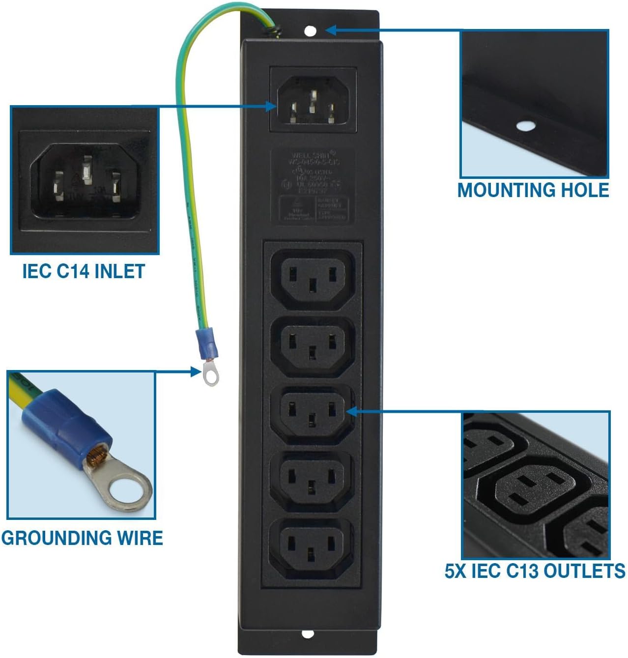 IEC Power Strip with 5 C13 Outlets & C14 Inlet, Rack Mount Server PDU, Heat-Resistant ABS, with Grounding Wire Out