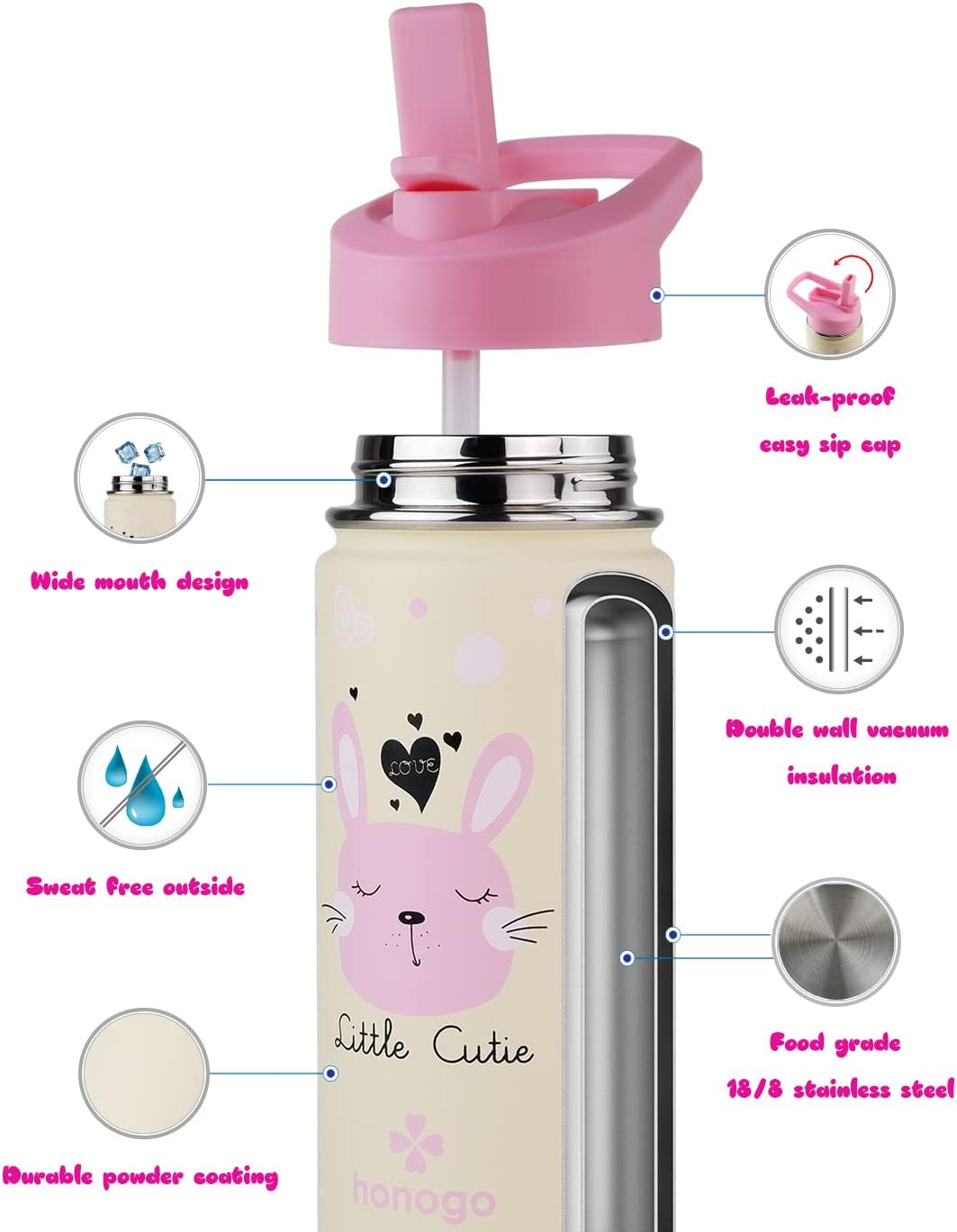 16 oz Stainless Steel Insulated Kids Water Bottle, Leak Proof Metal Thermal Flask with Straw lid, Cute Toddler Tumbler Cup for School Girls & Boys (Pink, Bunny) - Image 3