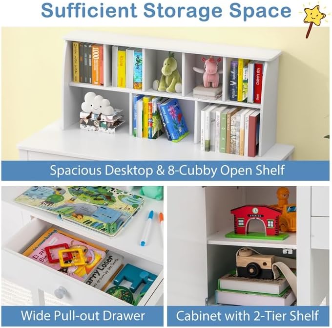 GLACER Kids Desk and Chair Set, Wooden Children Study Table with Hutch, Shelves, Storage Cabinet and Drawer for Writing, Reading, Drawing, School Student Desk for Bedroom, 3+ Years Old (White)