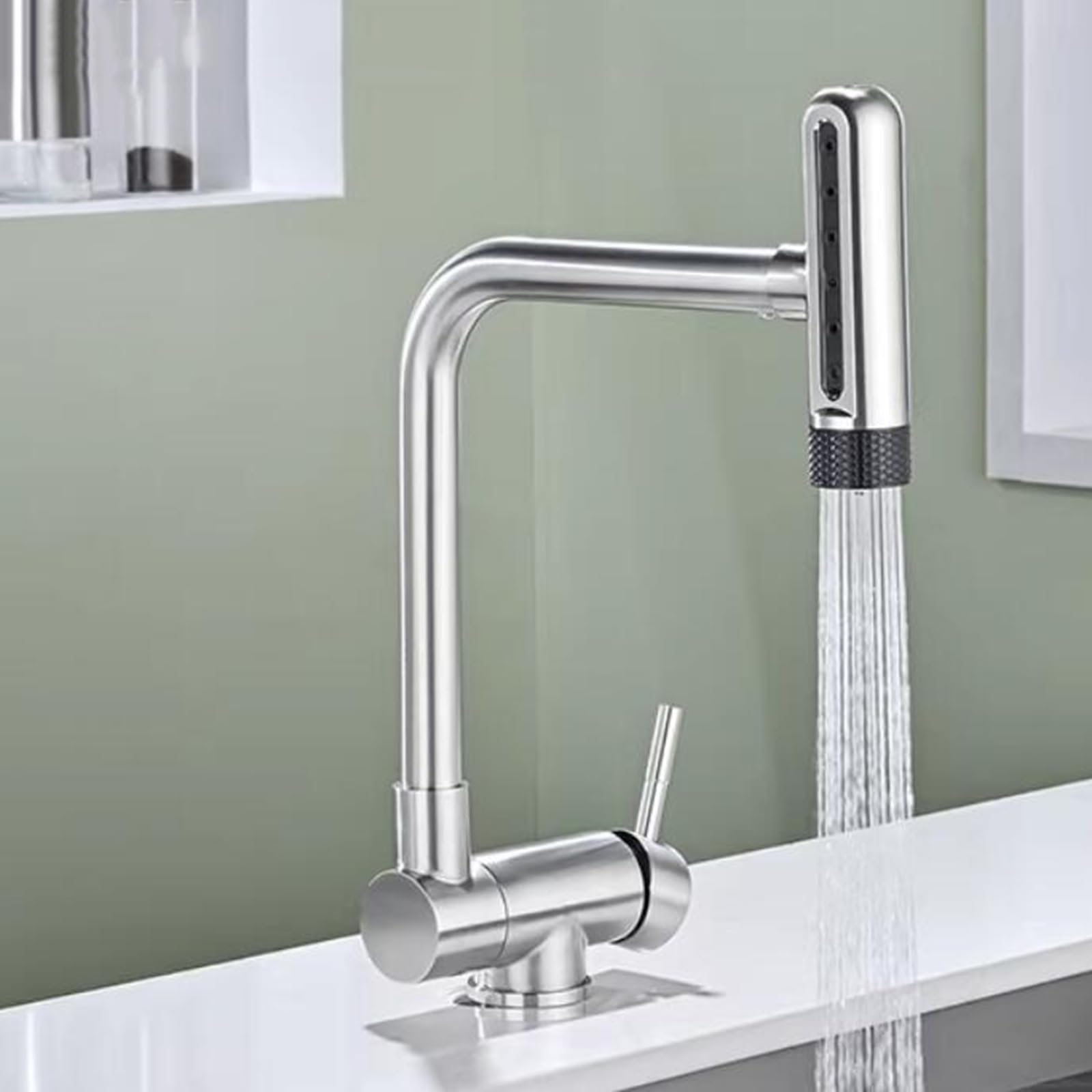 ZQFHSX Folding Kitchen Mixer Tap, Swivel 6 Modes, Stainless Steel Hot and Cold Water, Brushed Finish