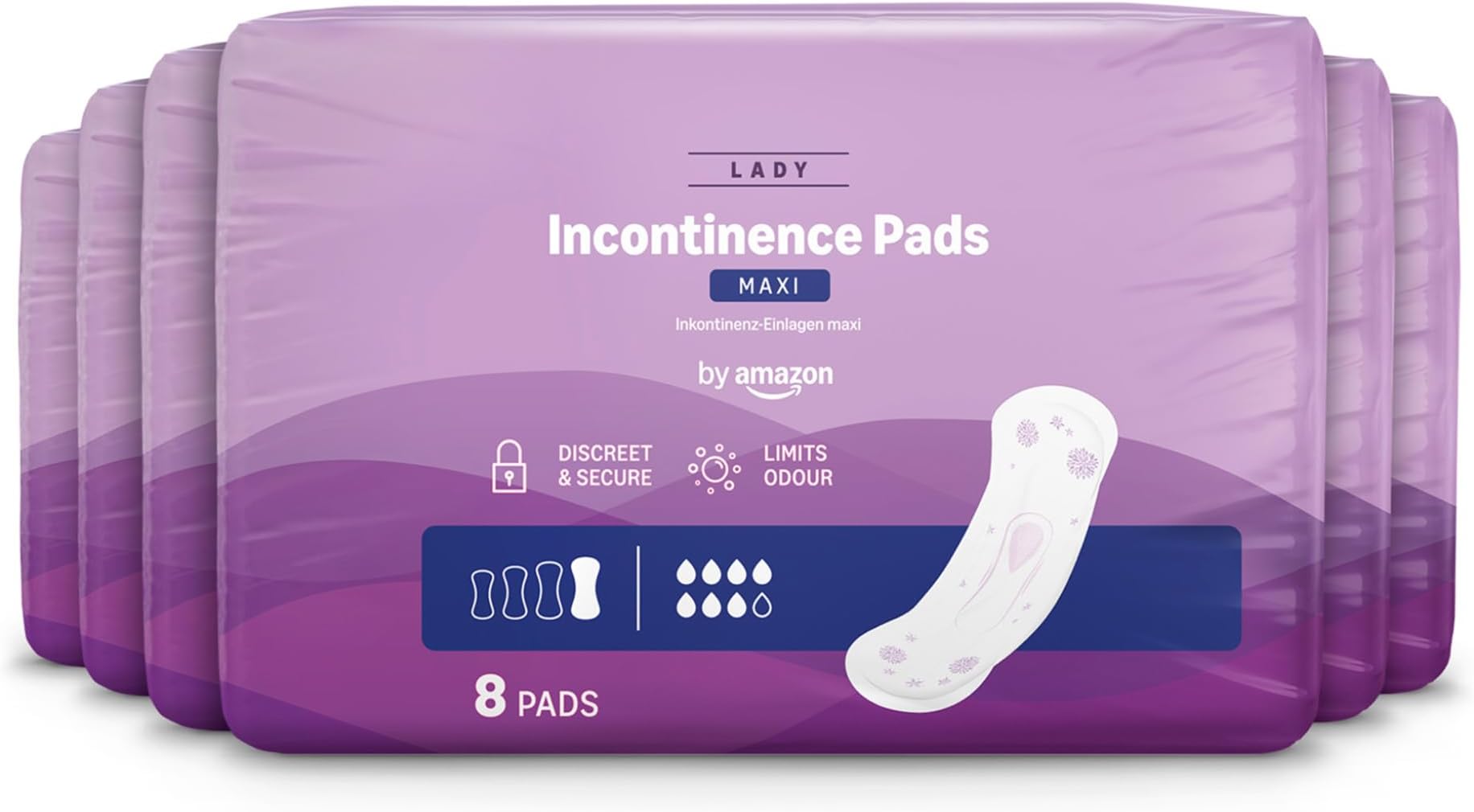 by Amazon Incontinence Pads Maxi, Unscented, 48 Count (6 Packs of 8), (Previously Amazon Basic Care - Packaging May Vary)