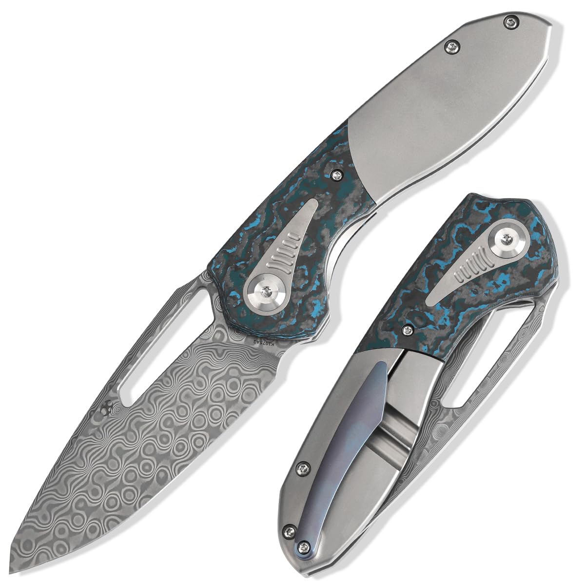 KANSEPT Thoth Camping Pocket Knives for Men 8.05in Folding Pocket Knives with 3.43in Damascus Material and Bead Blasted Titanium + Arctic Storm Fatcarbon Handle for Outdoor,Tactical,Survival K1075A2