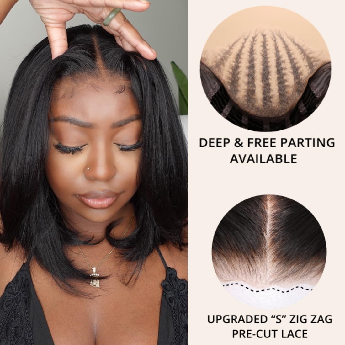 Nadula Bye Bye Knots Yaki Straight Bob Wig Pre-Cut HD Lace Wigs Human Hair Put on and Go 7x5 Lace Front Bob Wig， Kinky Straight Pre Plucked Wigs with Bleached Knots Kie's Style 150% Density 12 inch