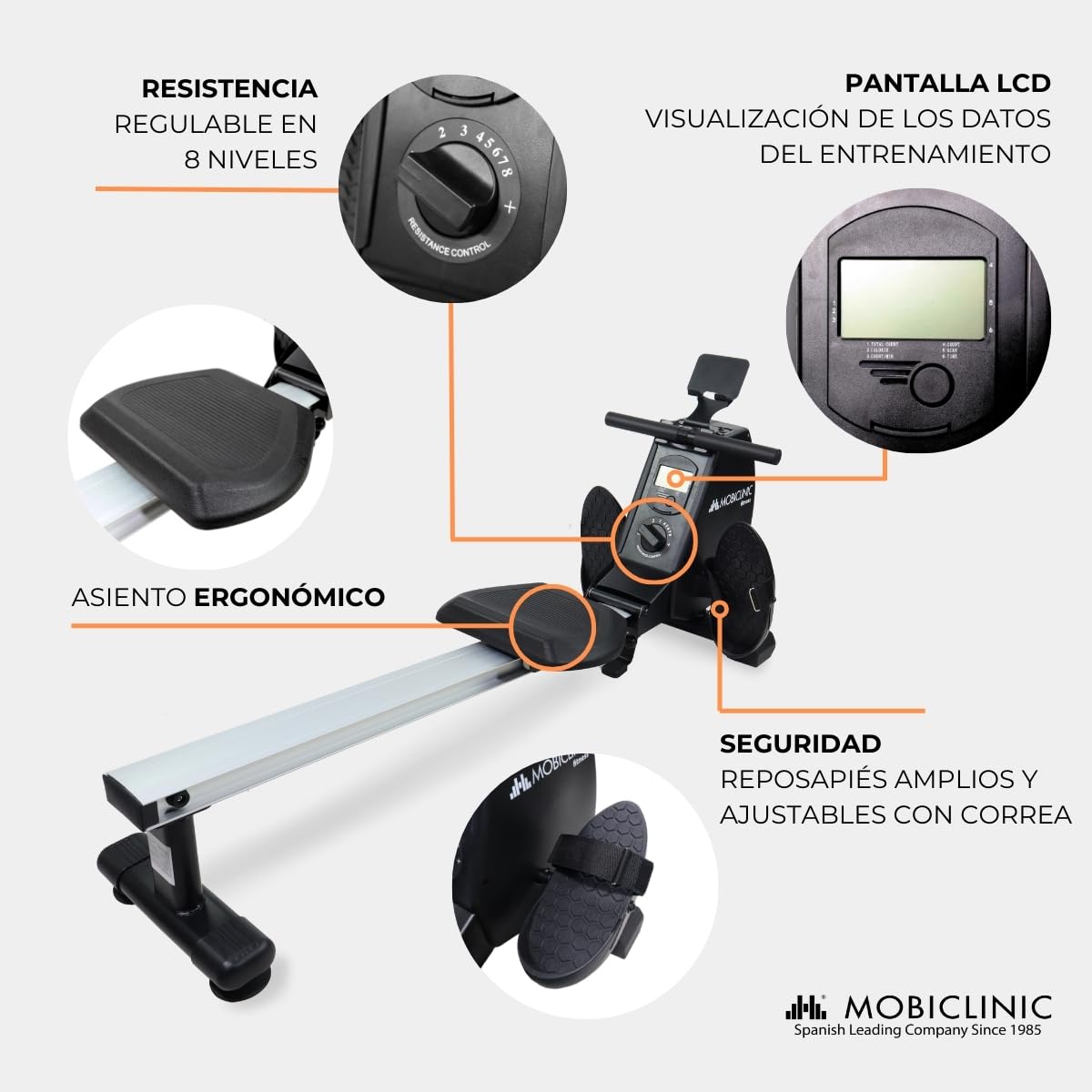 Mobiclinic® Fitness, Maquina de Remo, Rowfit, 8 Niveles Resistencia, Silencioso, Magnética, Monitor LCD, Soporte para móvil, hasta 120 kg, Volante inercia 6kg, Gym en casa