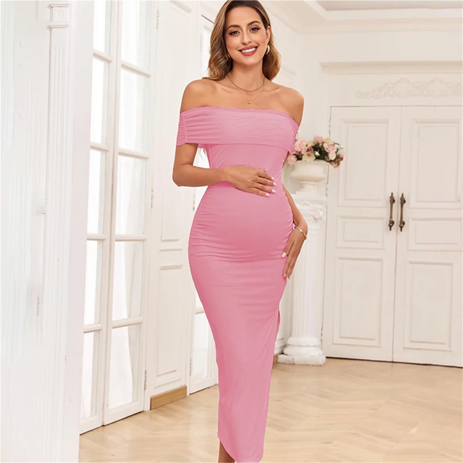 Vestido de Embarazo Vestidos de Maternidad Elegantes Ajustados, Vestido fotografía Embarazada, Malla con Hombros Descubiertos, Abertura Lateral, Ropa Fiesta Boda for Embarazadas